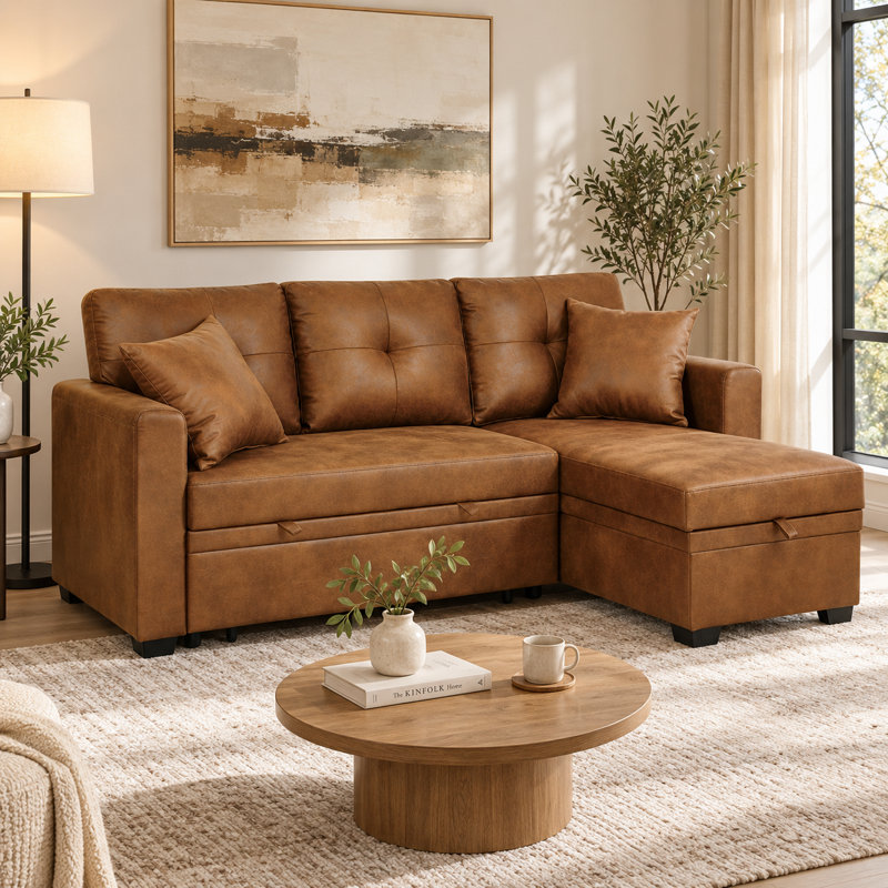 Canapé-lit modulaire convertible de 71 po avec méridienne réversible et lit escamotable, tissu respirant brun clair, facile à assembler et peu encombrant
