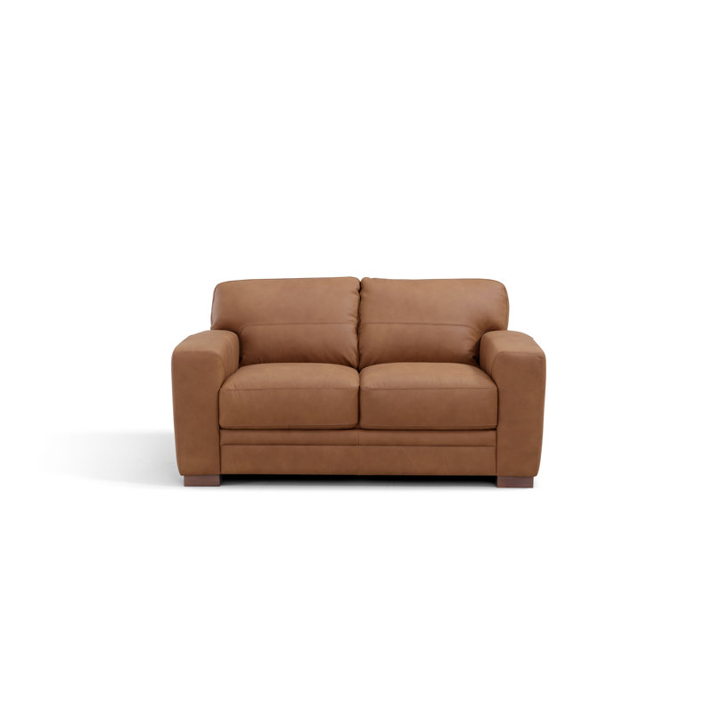 Causeuse à accoudoirs carrés en cuir véritable 65 po Mehis, Brun, Brun