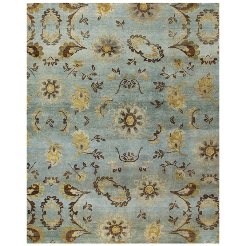 Tapis floral en laine noué à la main Amzad, turquoise / brun, de 5 pi 6 po x 8 pi 6 po