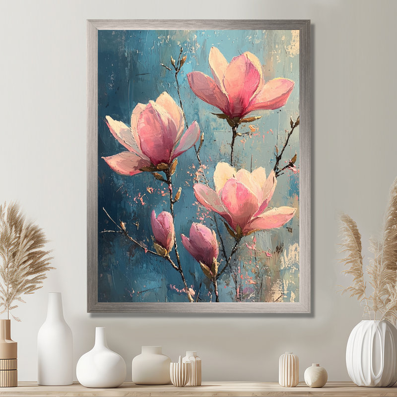 «Magnolia Blooms In Soft Pastels Winter Impressionist I», impression sur toile florale, H 40 po x l 30 po, Avec cadre