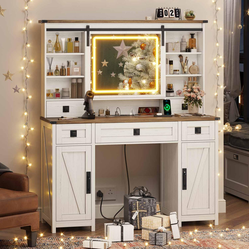 Meuble-lavabo avec miroir coulissant et lumières Farmhouse, Blanc antique / brun