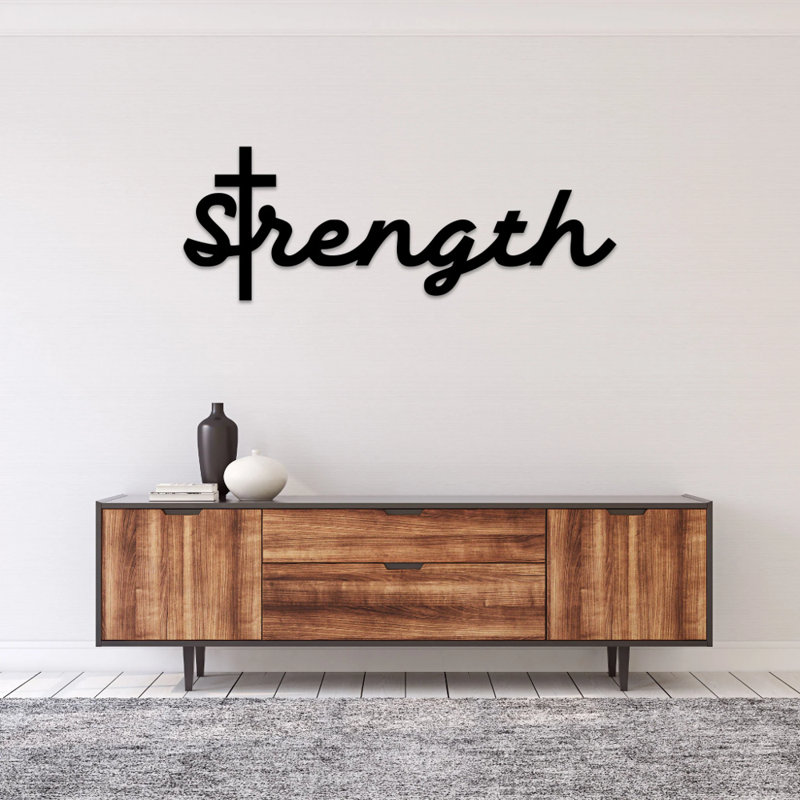 Strength Cross Script Metal Wall Art - Faith Inspirational Wall Decor - Religious Christian Cross Scripture Sculpture - Rustic Farmhouse Home Decoration - Bible Verse Spiritual Artwork - Modern Iron Wall Hanging - Hope Blessing Gift Piece