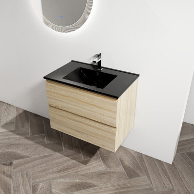 Meuble-lavabo mural 30 po avec lavabo en céramique noire, 2 tiroirs à fermeture en douceur