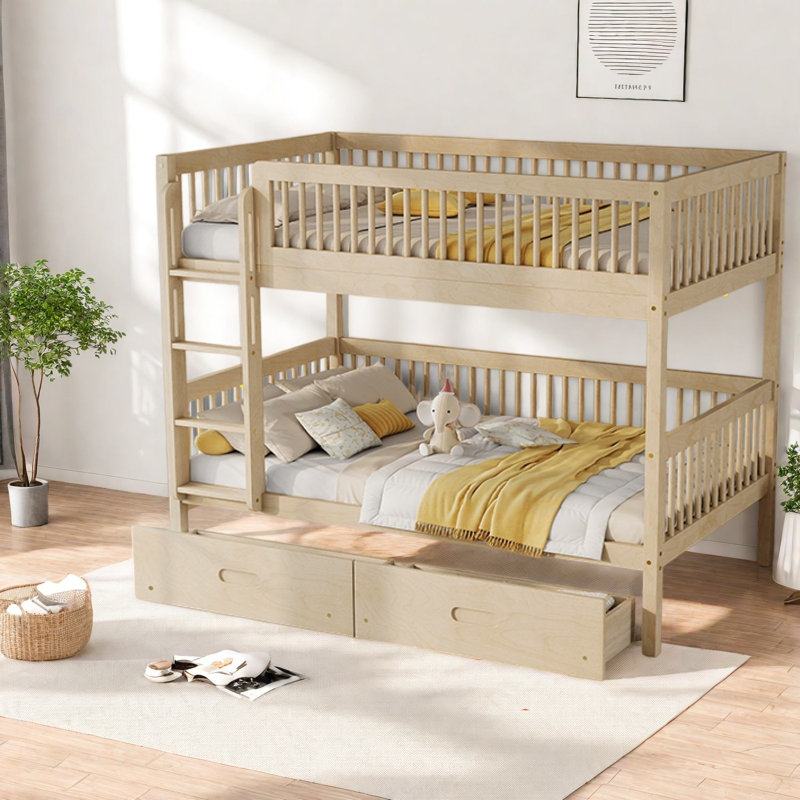 Lits superposés avec rangement, lits jumeaux en pin, style rustique gain de place pour chambre d'enfant, Beige