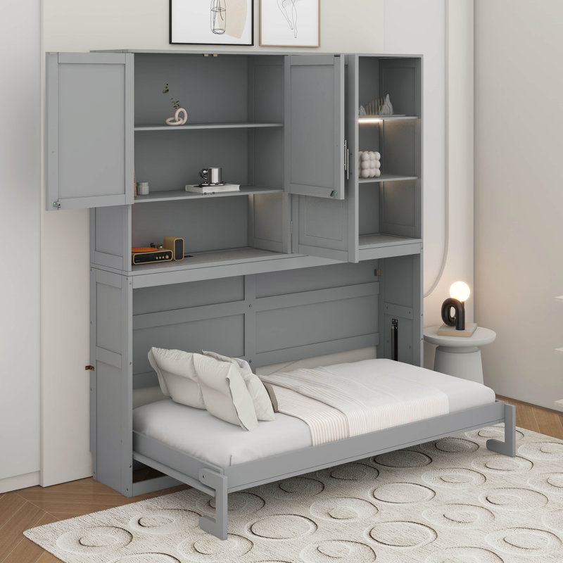 Lit escamotable mural simple avec armoire supérieure, tablettes et port USB, Gris