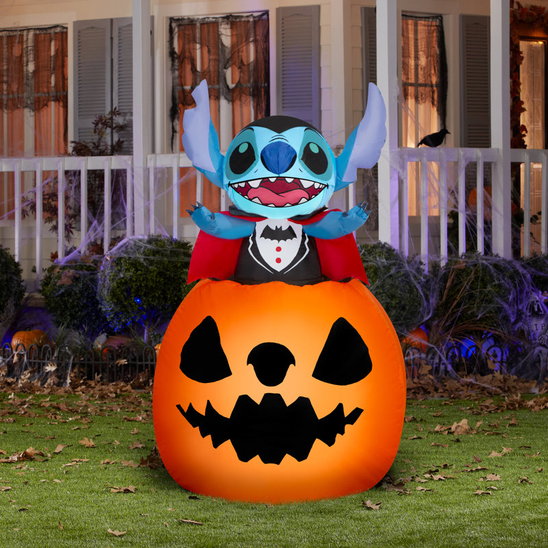 Animated Airblown Vampire Stitch Popping Out of Pumpkin Disney