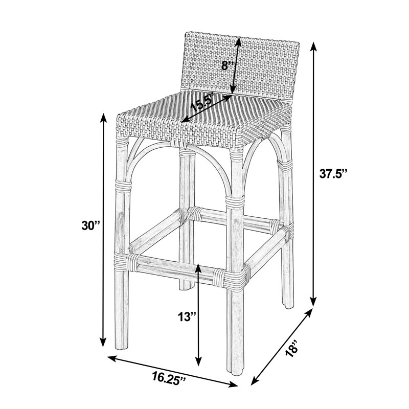 Serienna Blue & White Rattan Low Back Counter Stool, Bar Stool 30" Seat Height, Estella Bar Stool, White/Gray Dot