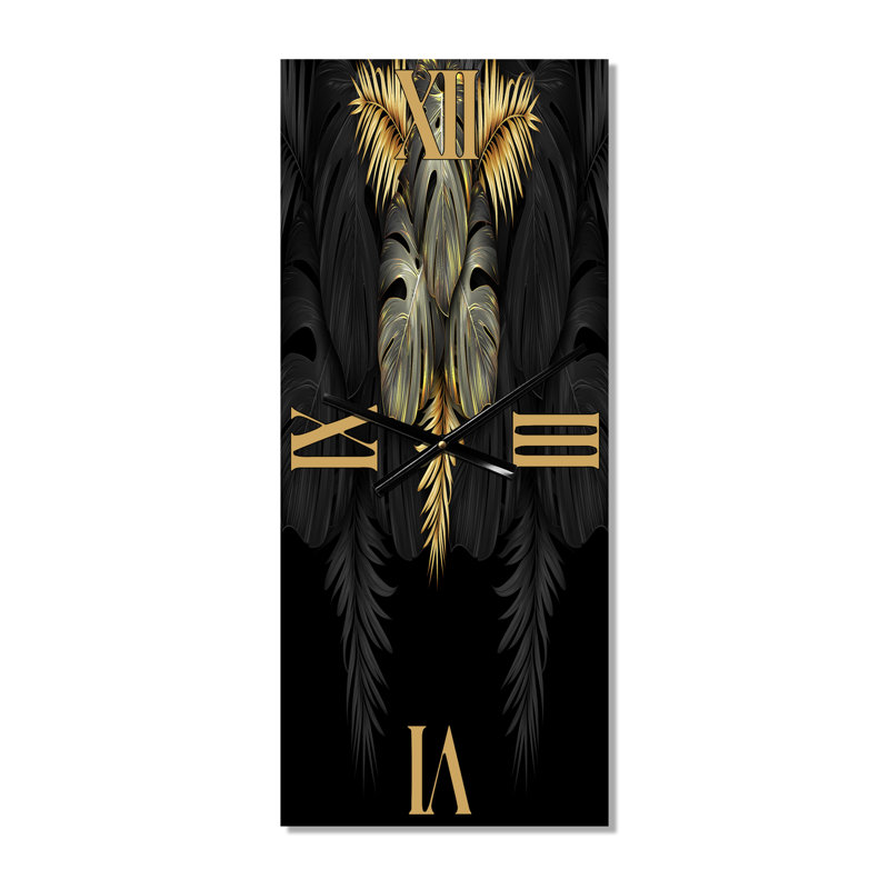 Horloge murale moderne à feuilles tropicales noires et dorées IV, Grand