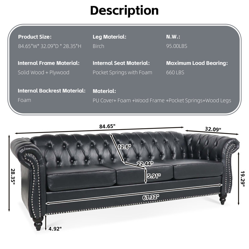 Annalena 84.65'' Faux Leather Sofa, Black Faux Leather