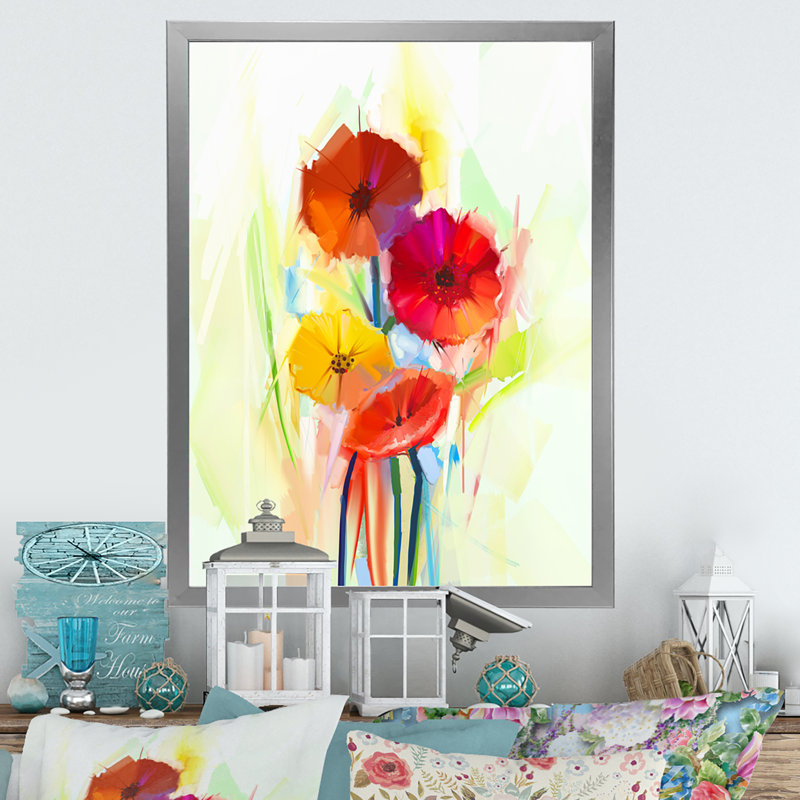 Fleurs d'hibiscus rouges II - peinture, H 40 po x l 30 po x P 1,5 po, Cadre photo argenté