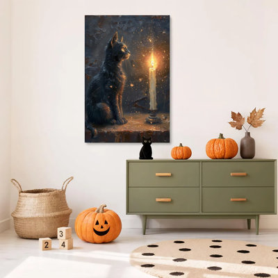 1pc encadré Halloween impressions sur toile murales, bougie pour chat, affiches d'art d'Halloween, impression sur toile pour salon chambre bureau salle de bain dortoir, prêt à accrocher