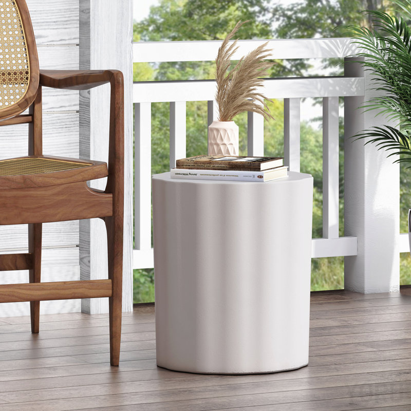 Outdoor Lightweight Concrete Side Table, Antique White End Table