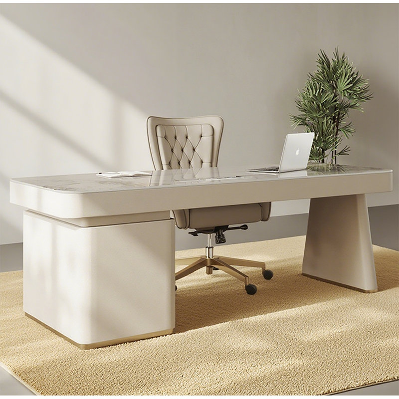 Sintered Stone Top Desk with Handcrafted Leather Wrap, 29.5" H x 78.7" W x 27.6" D