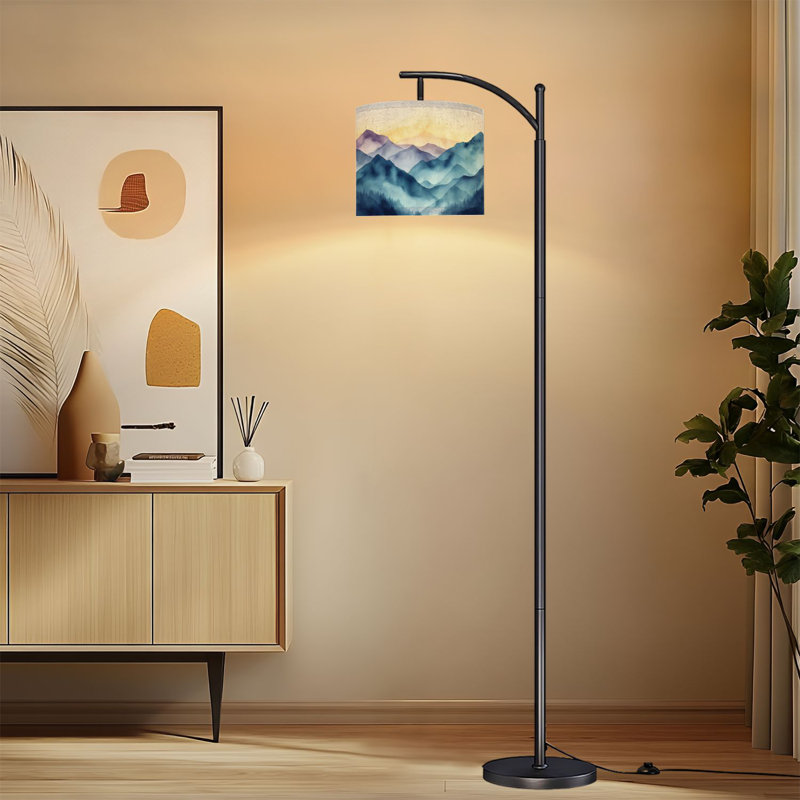 Lampe sur pied arc avec abat-jour ajustable aquarelle mauve bleu Misty Mountain