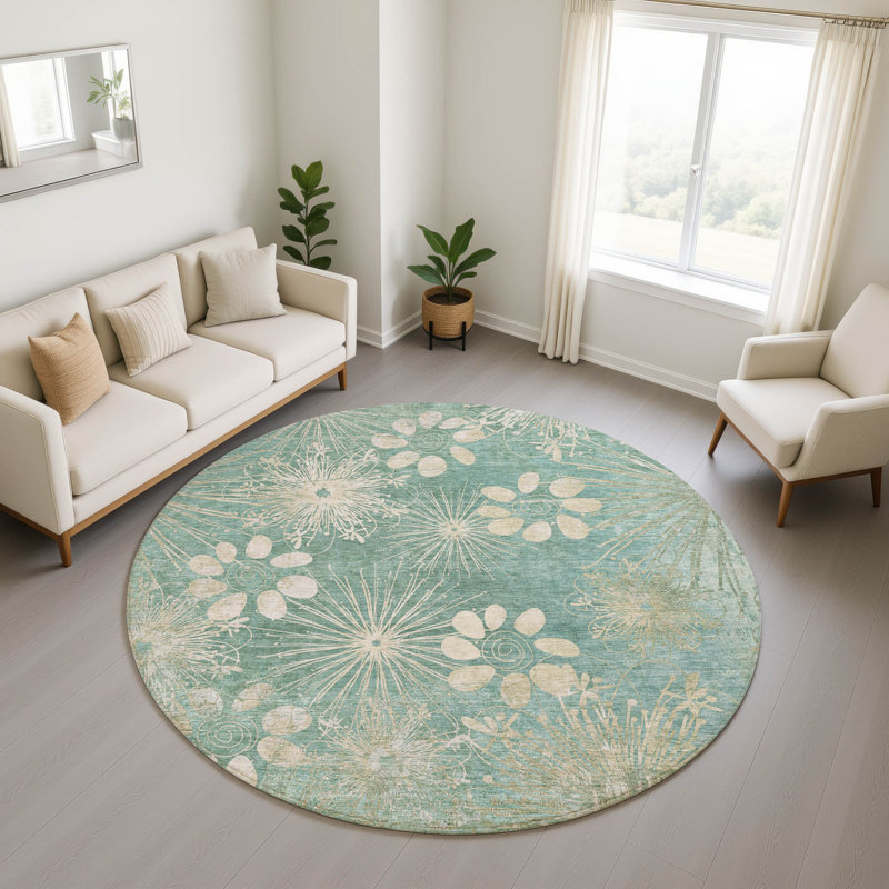 Premium Machine Washable Mayfield AMF2225 Floral Rug, Teal, 8' Round