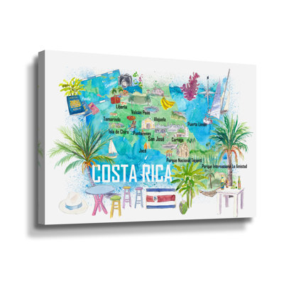 Carte de voyage illustrée du Costa Rica avec des routes et des faits saillants par Markus Bleichner - Peinture sur toile