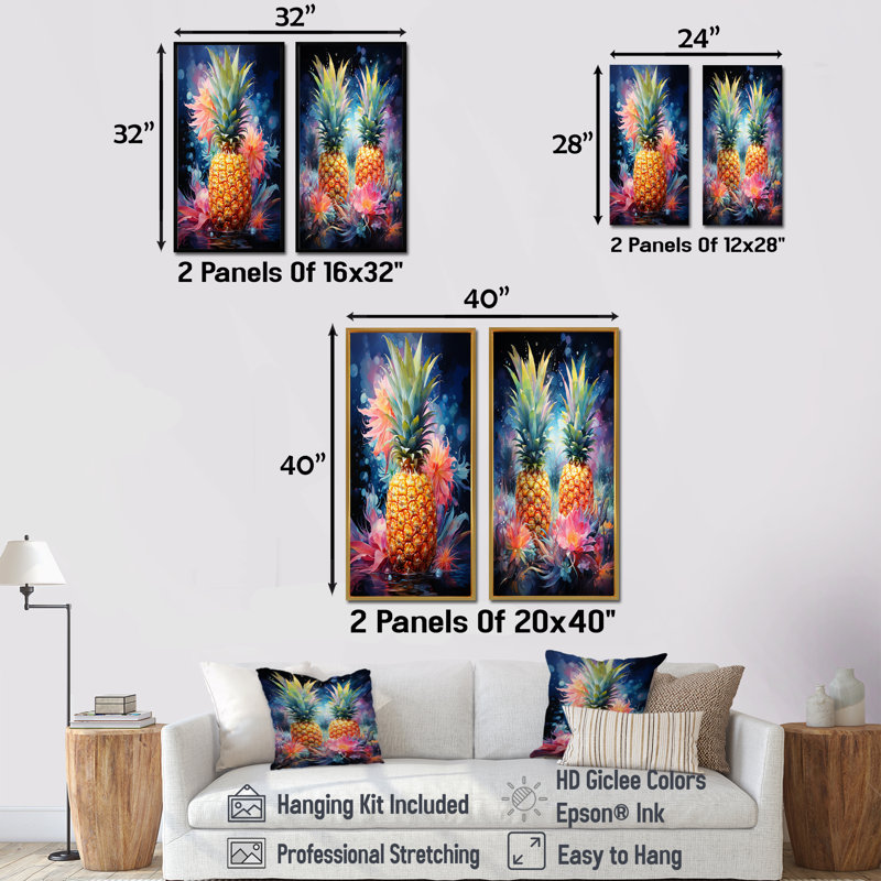 «Green and Yellow Cosmic Pineapple I», ensemble de 2 ananas sur toile, Encadrement brun, H 28 po x l 25 po