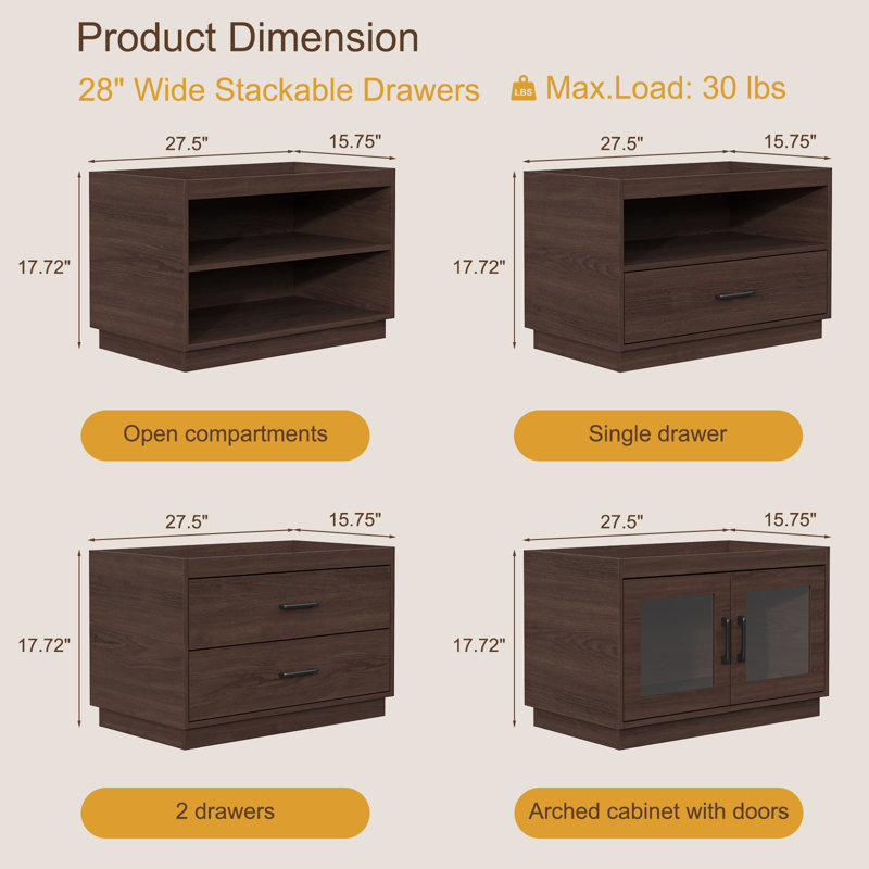 Stackable Storage Drawers,28" Wide Storage Bins W/ Drawers And Compartment For Closet Organizers, Wood Stackable Closet Organizer Modern Large Stackable Storage Units For Living Room Hallway, Brown