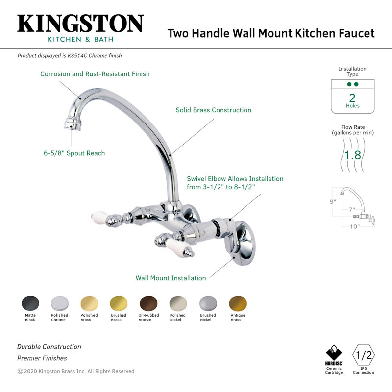 Kingston Brass Kingston Double-Handle 2-Hole Wall-Mount Bridge Kitchen Faucet, Vintage Brass