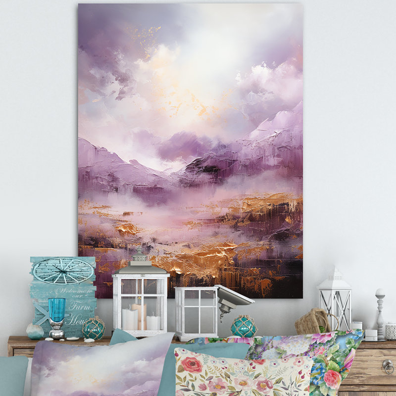 Lac mauve et doré et montagne V, Cadre flottant brun, H 20 po x l 12 po x P 1 po