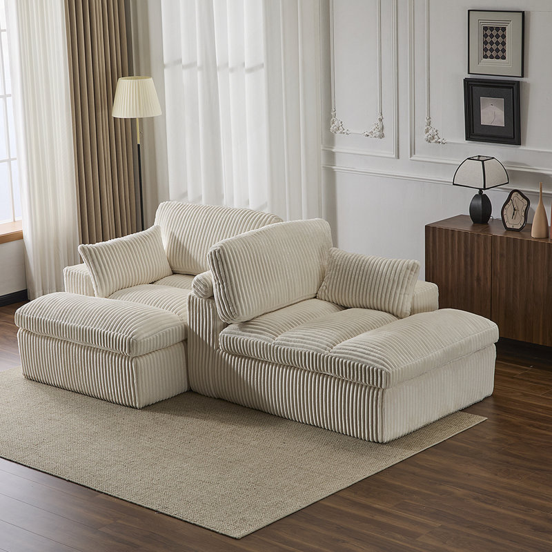 Double méridienne intérieure, canapé-lit rembourré surdimensionné pour l'intérieur, canapé-lit de luxe à assise profonde, causeuse modulaire, causeuse en velours côtelé pour le salon, sans assemblage requis, blanc