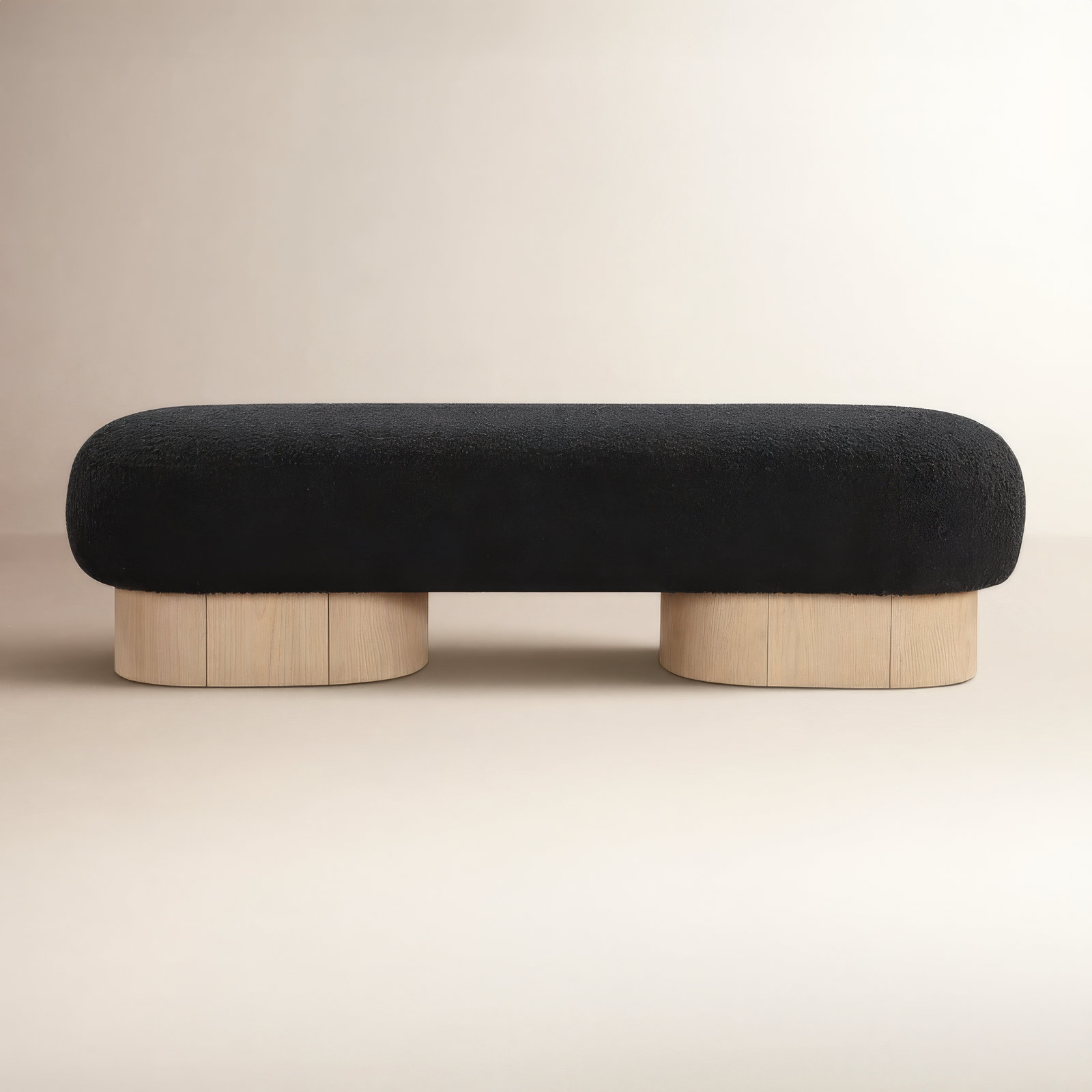Denyer Boucle Fabric Upholstered Bench, Black Boucle Fabric, Light Oak