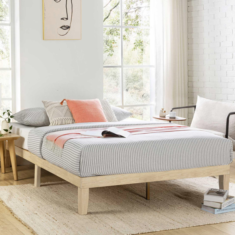 Lit plateforme en bois massif blanc délavé avec lattes en bois sans sommier simple à assembler 12 po classique, Roi