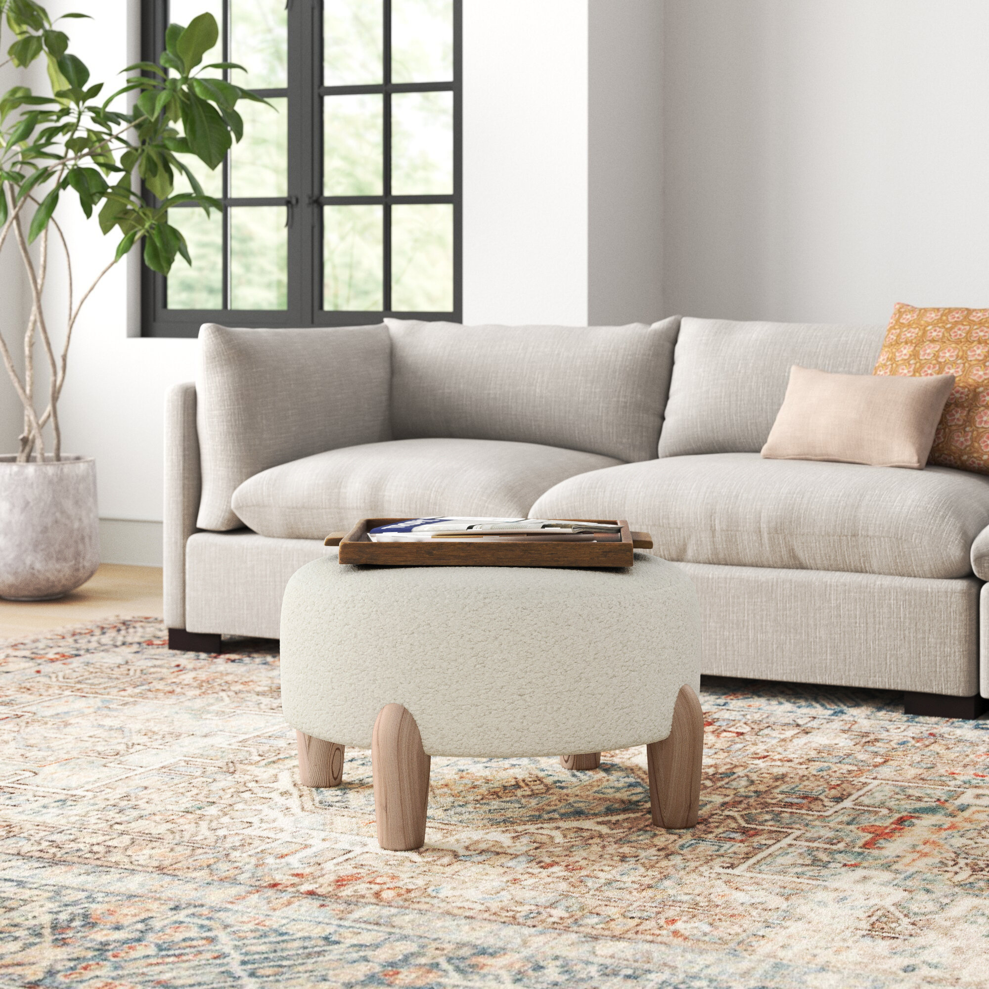 Geddes Upholstered Ottoman, Brown, Ivory Sherpa