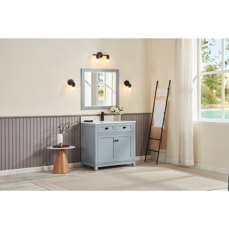 36" Solid Wood Sink Vanity With 1' Artificial Stone Top, Black, Cadet