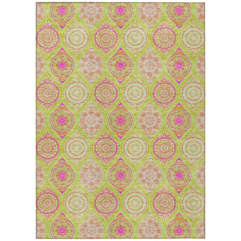 Tapis intérieur lavable 3 pi x 5 pi vert lime et rose avec médaillon ivoire
