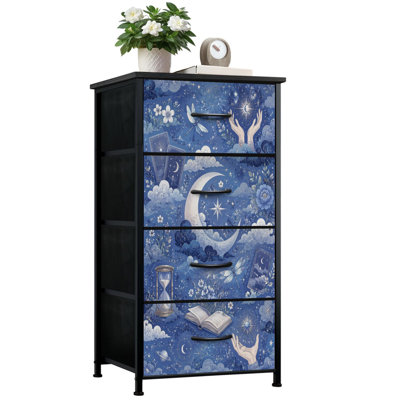 Commode 4 tiroirs avec rangement vertical et étoiles de lune célestes à motif floral bleu mystique avec tiroirs en bois