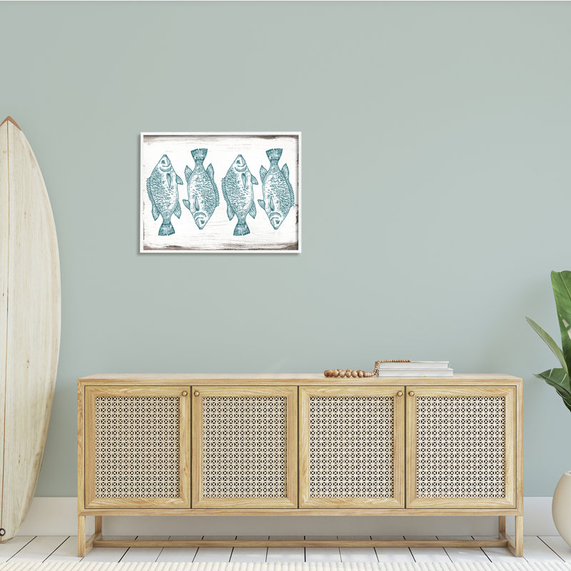 «Vintage Fish Illustration Nautical Pattern Blue White Brown» par Daphne Polselli - impression, H 24 po x l 30 po