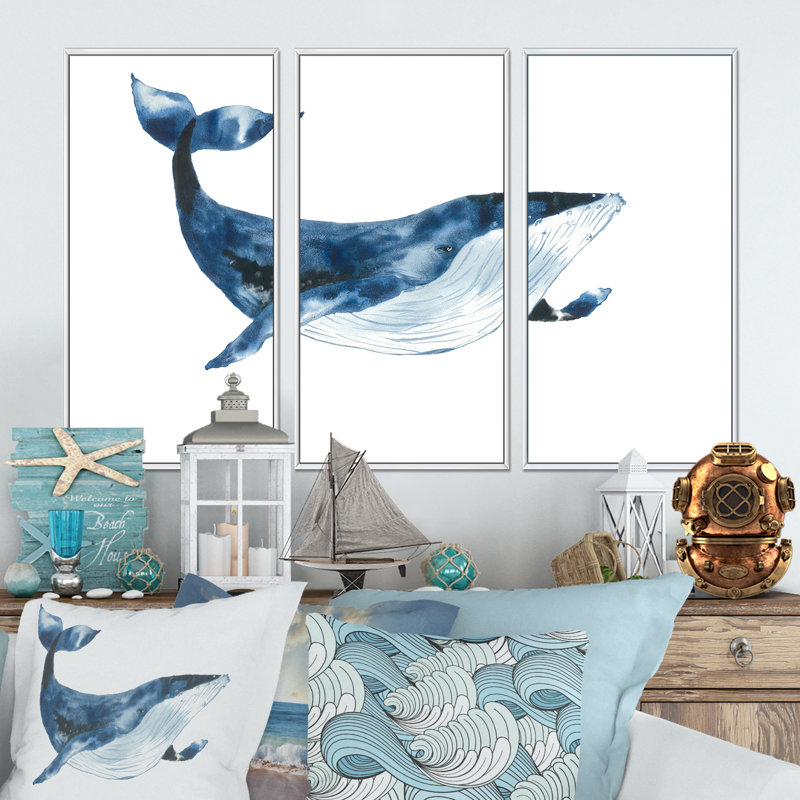Bleu cachalot sur blanc VI - ensemble d'art mural encadré nautique et côtier sur 3, H 28 po x l 36 po x P 1 po, Blanc