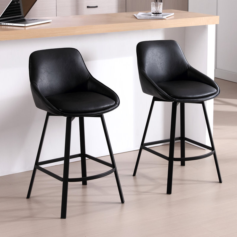 Black Faux Leather Swivel Counter Stools with Steel Legs, Set of 2
