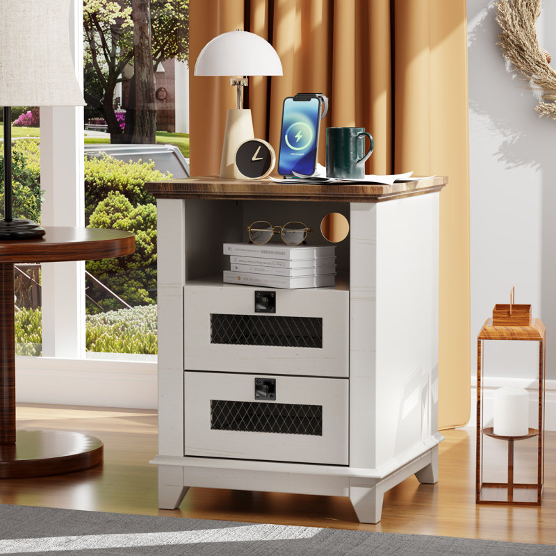 2 - Drawer End Table With Storage And Charging Station, Brown Wood, White