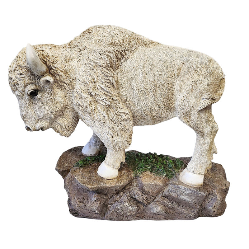 Polyresin North American Buffalo Bison on Rock Country Rustic Freestanding Tabletop Figurine, Off-White