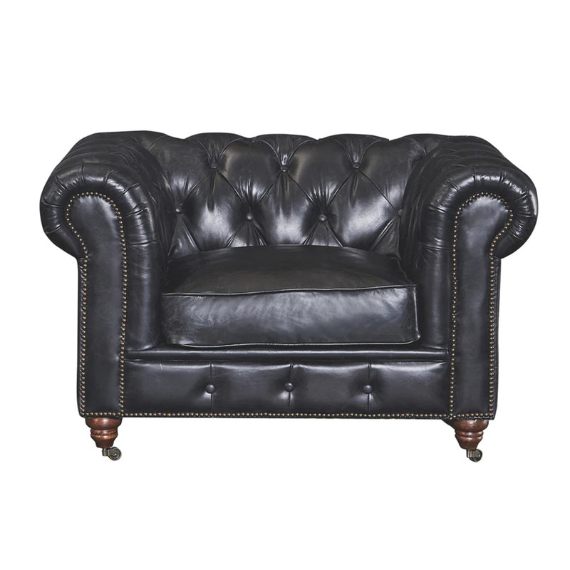 Peppie 47" W Tufted Top Grain Leather Chesterfield Chair, Slate Genuine Leather