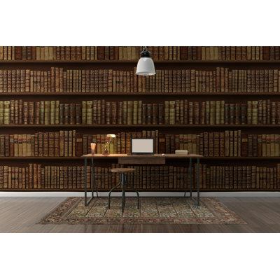 Vintage Library Bookshelf Wallpaper in Warm Brown