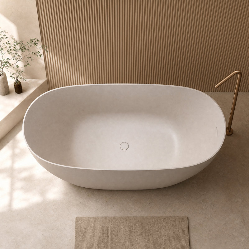Baignoire de trempage autoportante 61 po beige, baignoire de luxe en résine pierre