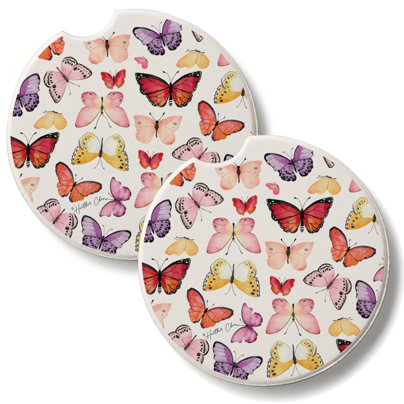 Ensemble de 2 sous-verres de voiture en pierre à motif aquarelle Butterfly