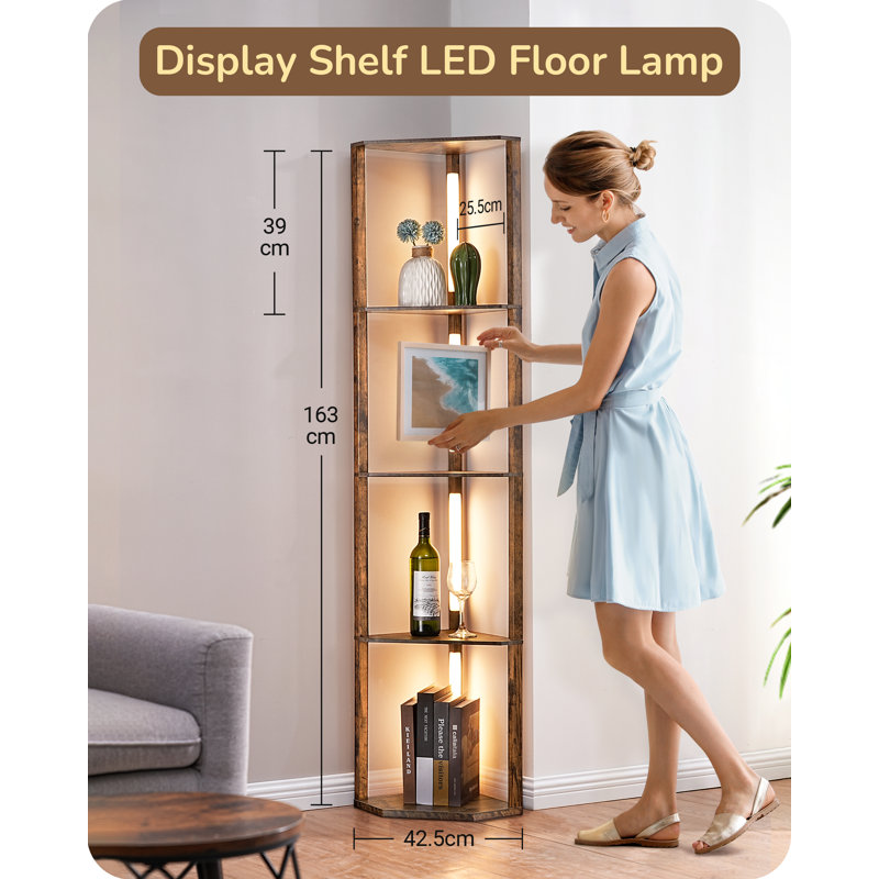 163Cm Led Corner Floor Lamps With Shelves, 4 Layers Wood Dimmable Standing Lamp
