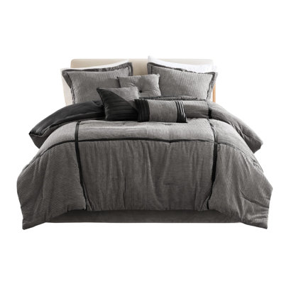 7 Piece Corduroy Bedding King - Grey Color, Elegant Style Comforter Fade, Colorfast
