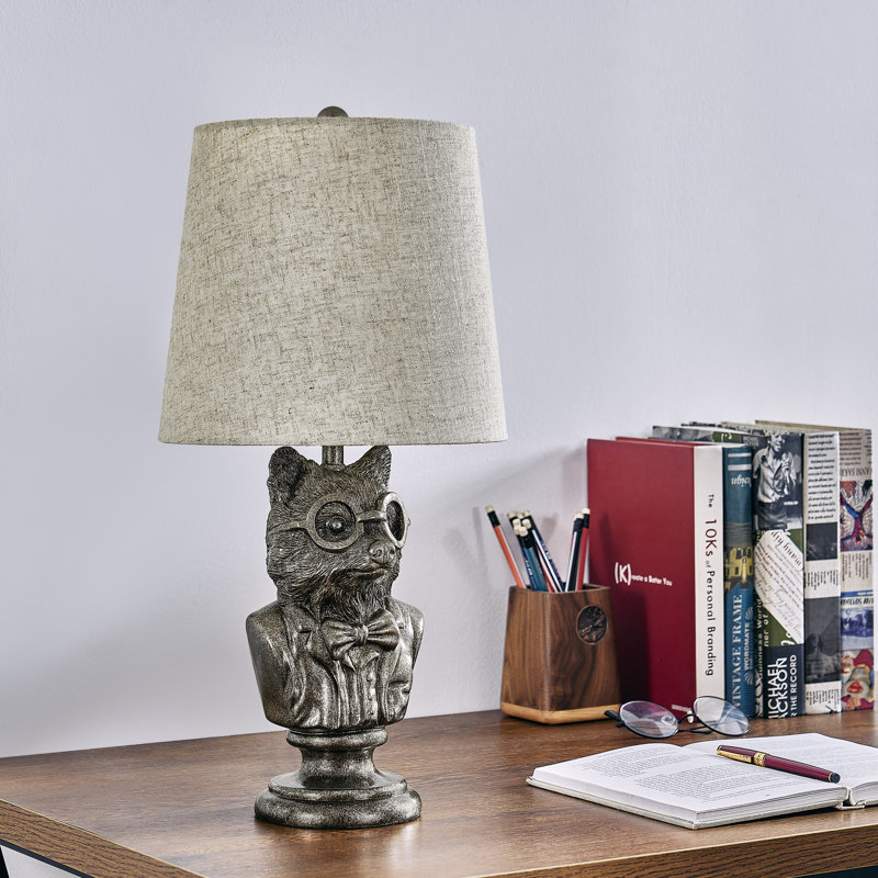 20" Bronze Resin Racoon Bust Table Lamp With Linen Shade, Tan, Brown