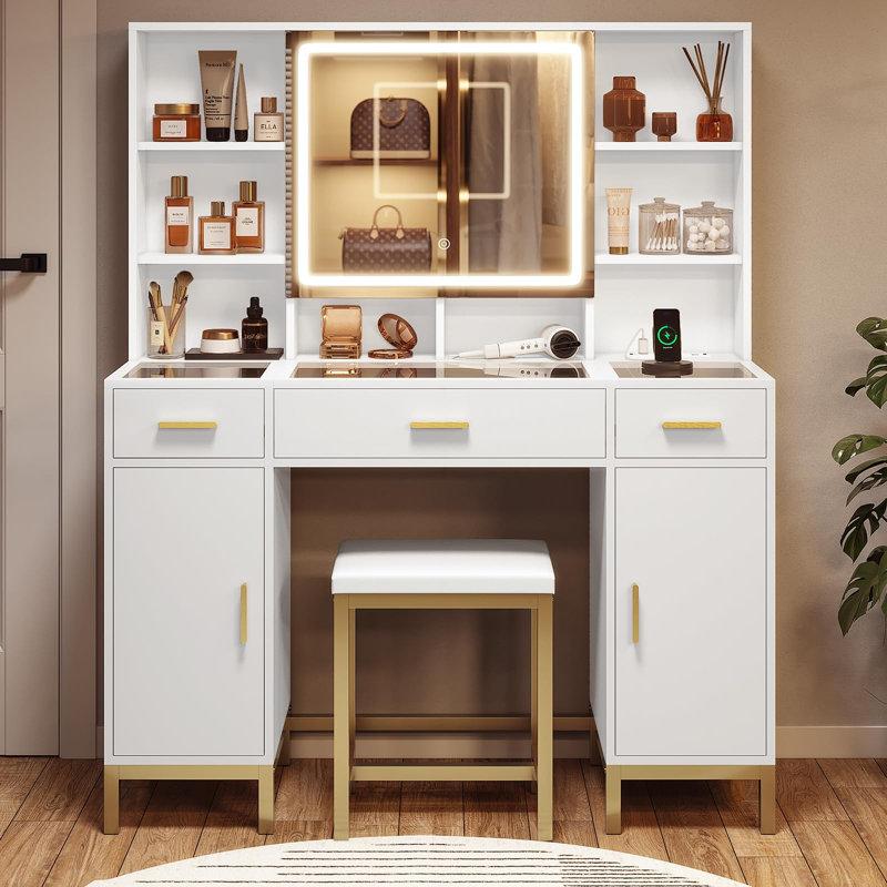 Ensemble de coiffeuse Mercer41 blanche l 43,3 po avec miroir éclairé tactile et tabouret avec tiroirs en verre, M Blanc