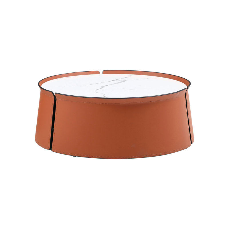 (NON disponible sur Wayfair) Table basse 31,5 pouces, plateau en marbre + corps en cuir selle orange + structure en fer
