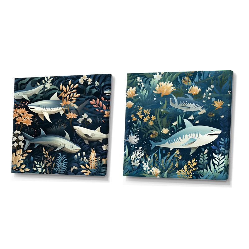 Blue And White Shark Shadows - Animals Shark Square Collage Set Of 2, 36" H x 73" W, Wrapped Canvas