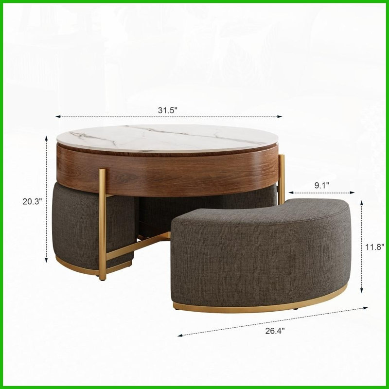Table basse moderne à plateau relevable avec plateau en pierre frittée, rangement caché et amp; 3 repose-pieds gigognes - peu encombrants pour le salon