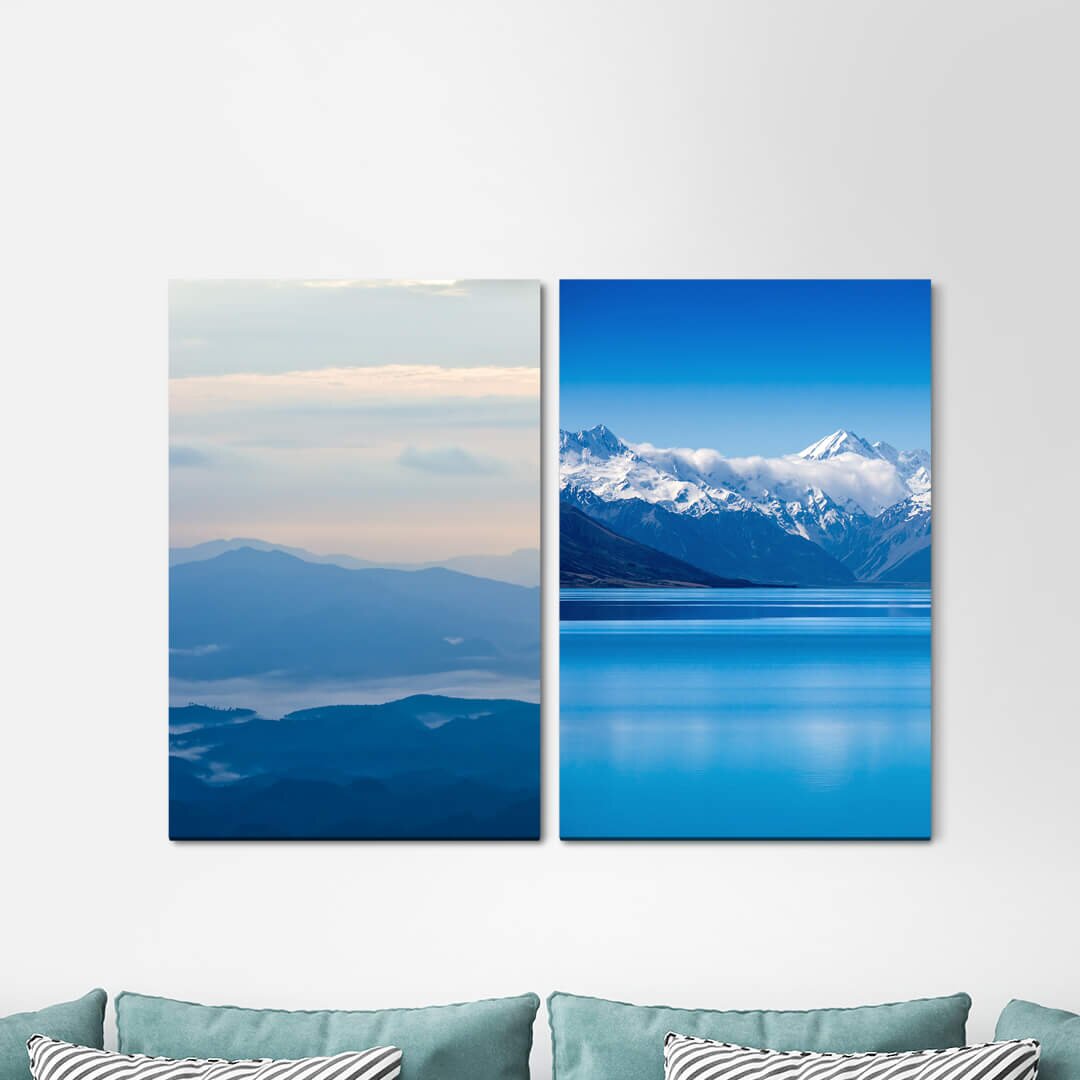 2-tlg. Leinwandbilder-Set - Fotografie "Berge Sternenhimmel Nacht Milchstraße Lake Universe"