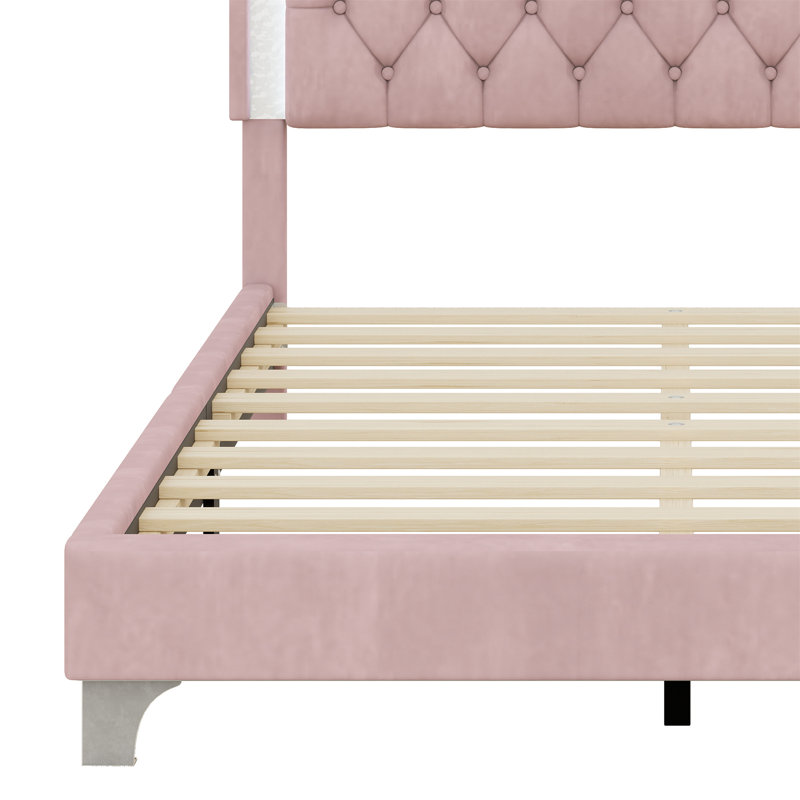 Upholstered Bed Frame With LED Lights,Modern Platform Bed With Tufted Headboard