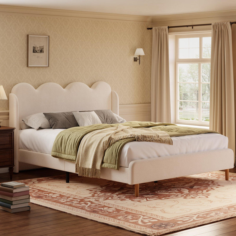Full Upholstered Wingback Bed Frame with Scalloped Edges, Tufted Headboard, No Box Spring Needed, Tool-Free Assembly, Beige